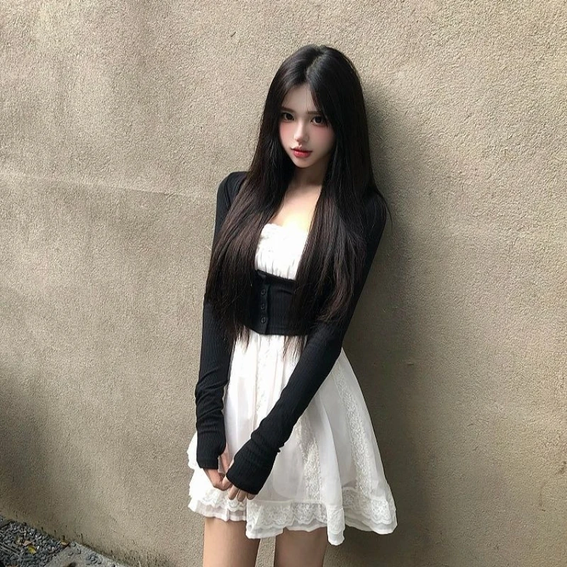 French Style Vintage Lace Camisole Dress for Women New Summer Black White Slim Fit Long-sleeve T-shirt Set Korea Chic Dress Sets