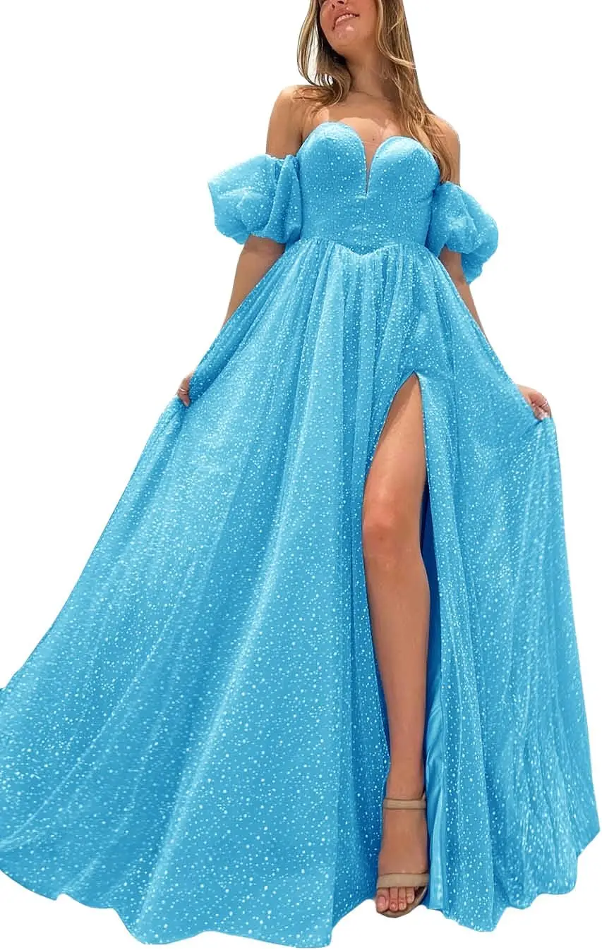 

Tulle Prom Dresses for Women Sparkly Puffy Sleeves Long Ball Gowns with Slit A-Line Evening Dresses Graduation Dress