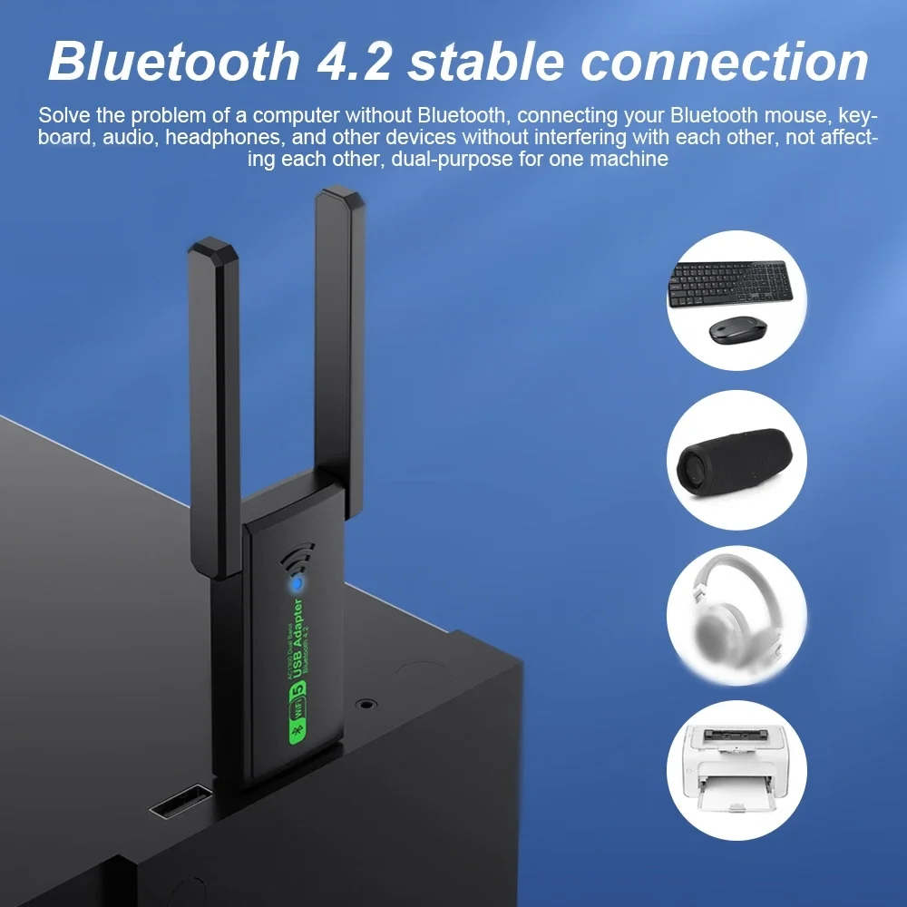 150 м USB Bluetooth-адаптер с двумя антеннами для ПК, беспроводная мышь, клавиатура, музыкальное аудио, сетевой приемник 1300 Мбит/с, передатчик