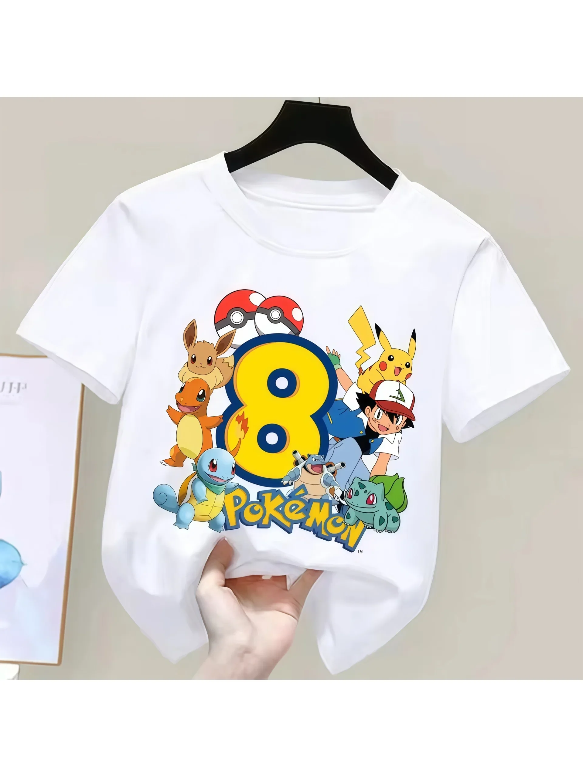 2026 Pikachu Kinder T-Shirt Geburtstag Nummer 5-9 Bedrucktes T-Shirt Jungen Mädchen Sommer Kurzarm Oberteile Kinderkleidung