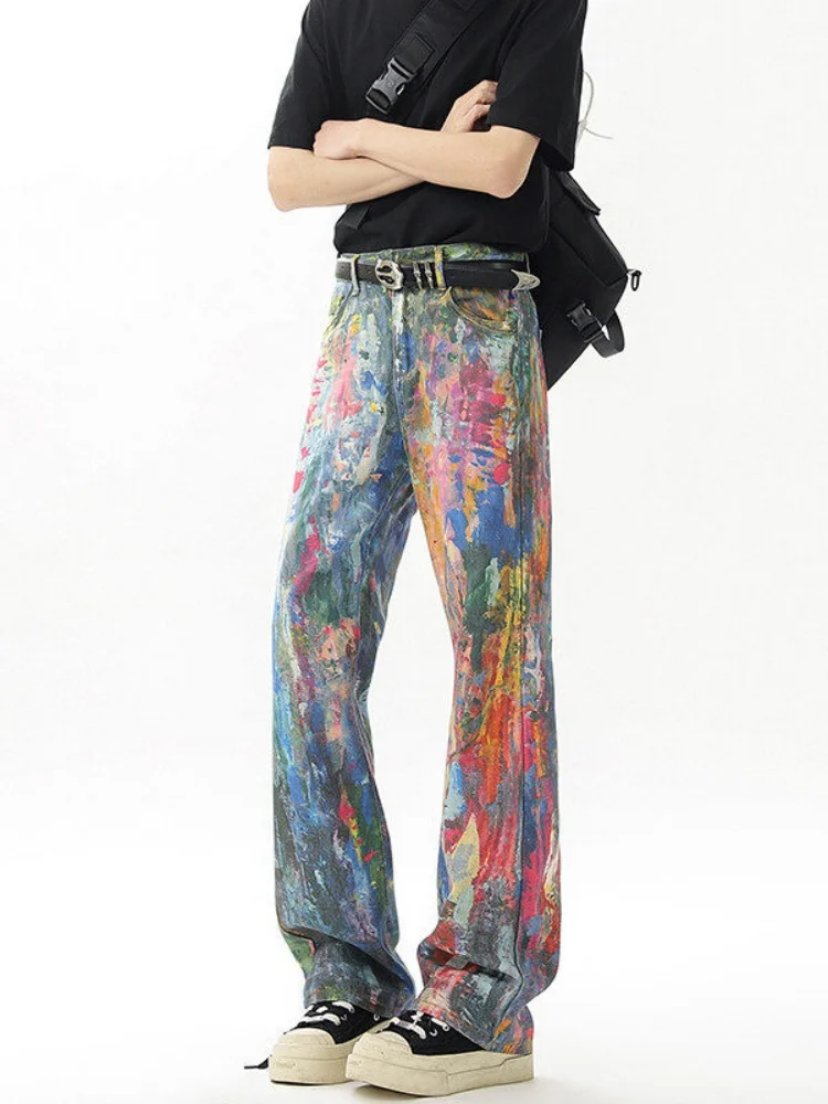 

Street Art Graffiti Denim Jeans Men's Spring Autumn New Style American High Street Straight Leg Loose Long Trousers
