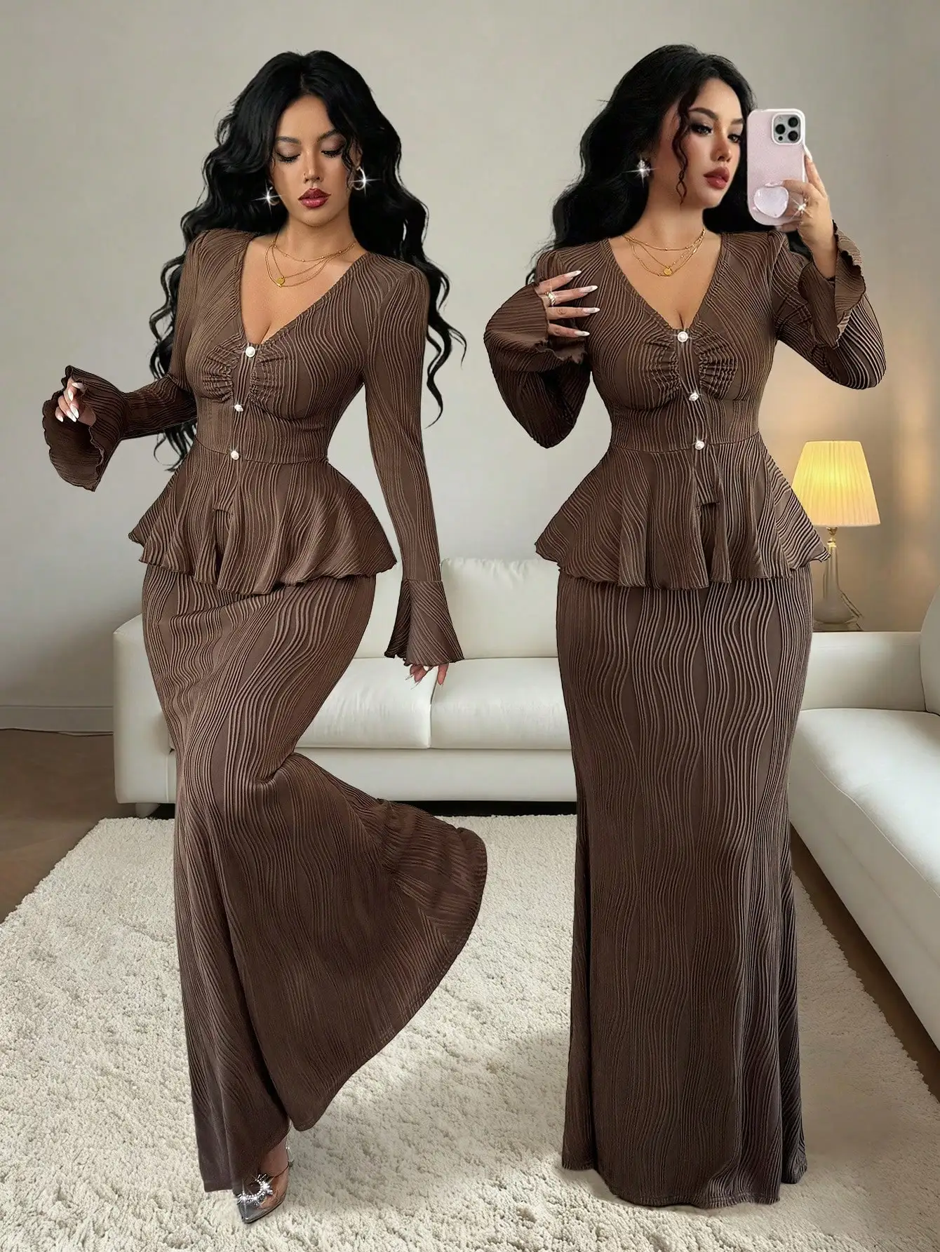 Elegante koffiebruine V-hals top met knoopsluiting en peplum & visstaartrok 2-delige set voor dames