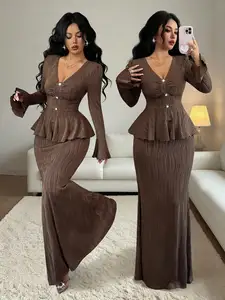 Elegant Coffee Brown V-Neck Button-Up Peplum Top & Fishtail Skirt 2-Piece Set for Women