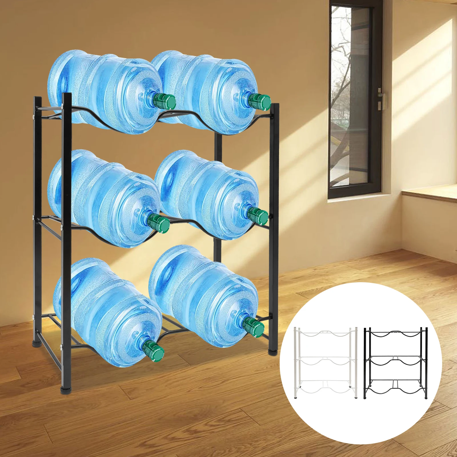 5 Gallon Water Bottle Holder Heavy Duty Water Cooler Jug Rack 3 Tiers Water Rack with 6 Slots for Gallon Jugs(Black)