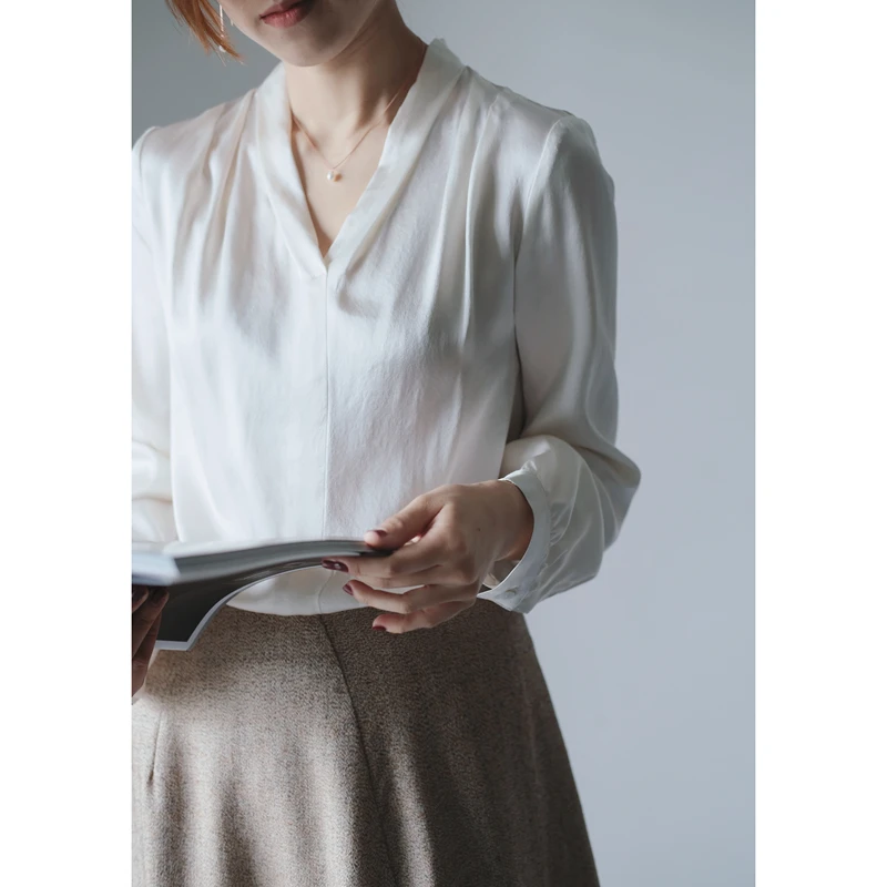 

Женская шелковая блузка с длинным рукавом и V-образным вырезом, высококачественная, для офиса, профессиональная, осенняя, модная
