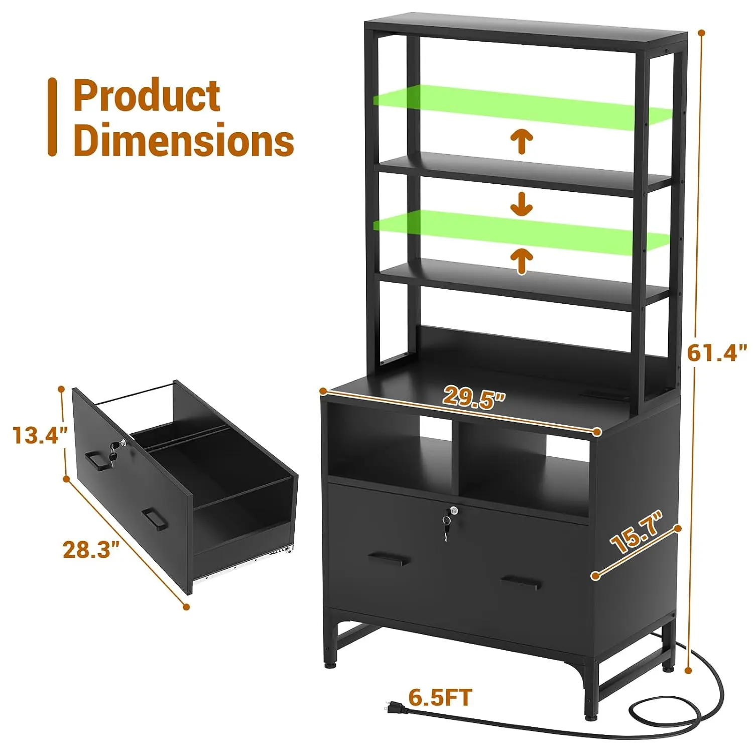 Vertical File Cabinet with Charging Station & Lock, Printer Stand with Storage Shelves, fits Letter/A4/Legal, Customized