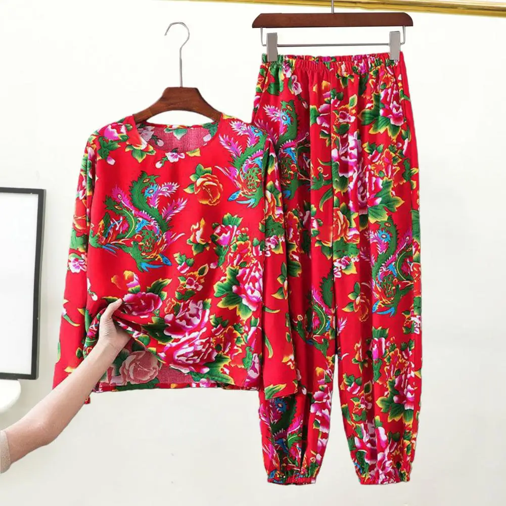 Spring Women Suit Loose Fit Two-piece Suit Northeast Ethnic Flower Print T-shirt Pants Set for Women Round Neck Long Sleeve Top