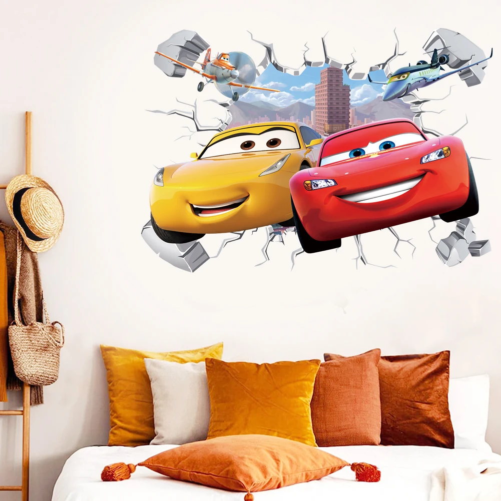 3D Brokenwall Lightning McQueen Cartoom Cars Wall Decor Decals For Boy Bedroom Kid Room Wallpaper Poster Mural Wall Stickers