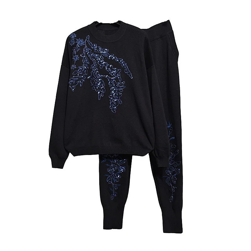 

Autumn Winter Beading Embroidery Flowers Women Long Sleeve Knitted Sweater + Long Pencil Pants Ladies Two Piece Set Tide G522