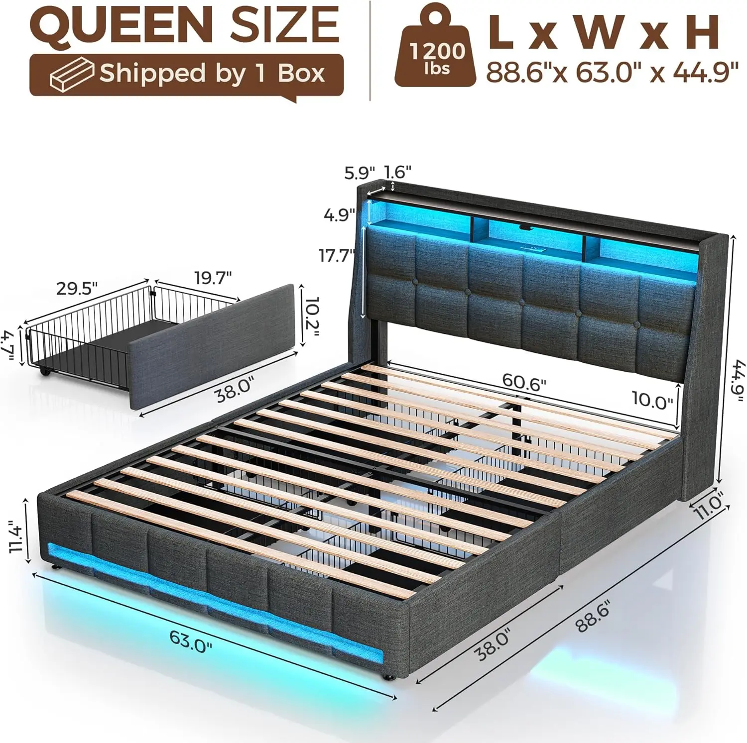 Queen Size Bed Frame with LED Lights and Charging Station, Upholstered Bed Storage Headboard & Drawers