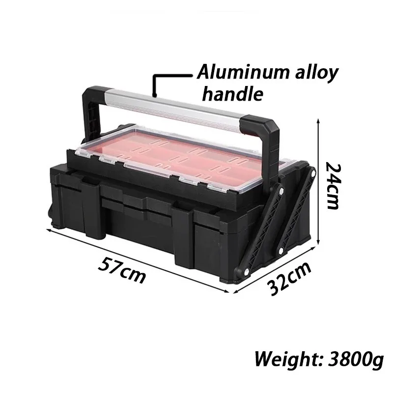 صندوق أدوات كبير متعدد الوظائف بطبقة مزدوجة، صندوق أدوات فرز أجزاء الصيانة، صندوق أدوات محمول محدد للكهرباء