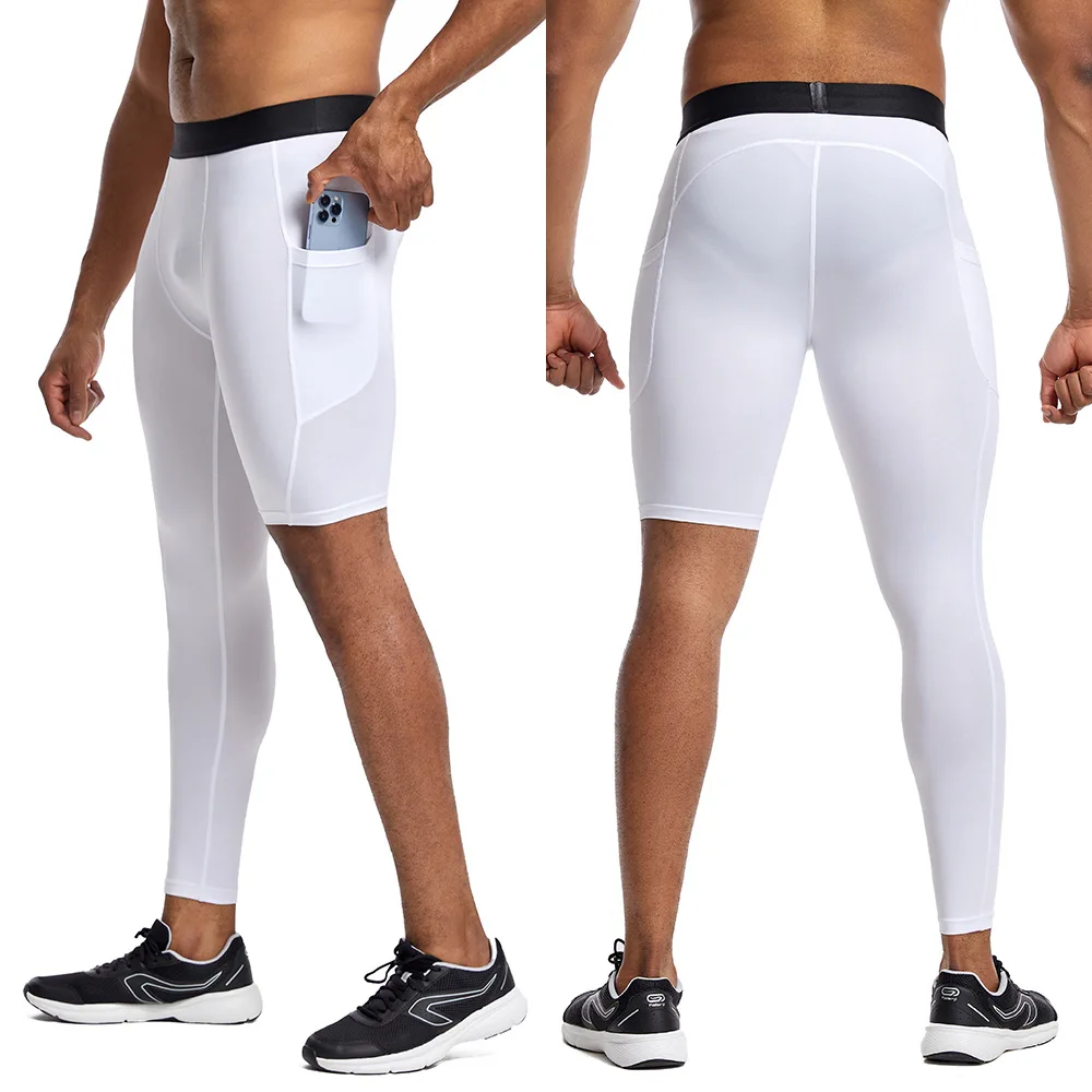 High Performance Men's Sports Leggings for Running and Training with Side Pocket, Nylon Spandex Compression Running Tights