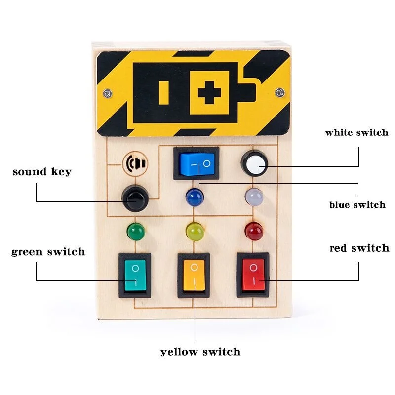 Tablero ocupado Montessori para niños pequeños, juguetes sensoriales electrónicos de madera, interruptor de botones LED, ayudas para la enseñanza de cognición