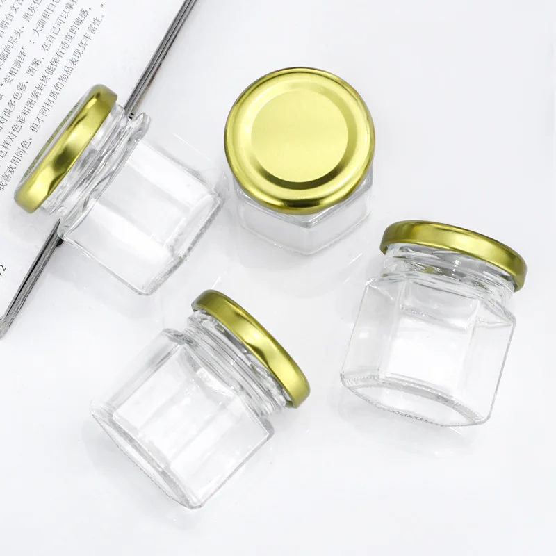 30 Units 45ml Hexagonal Glass Honey Jars with Gold Covers Sealed Glass Bottle Wedding Birthday Party Return Gifts