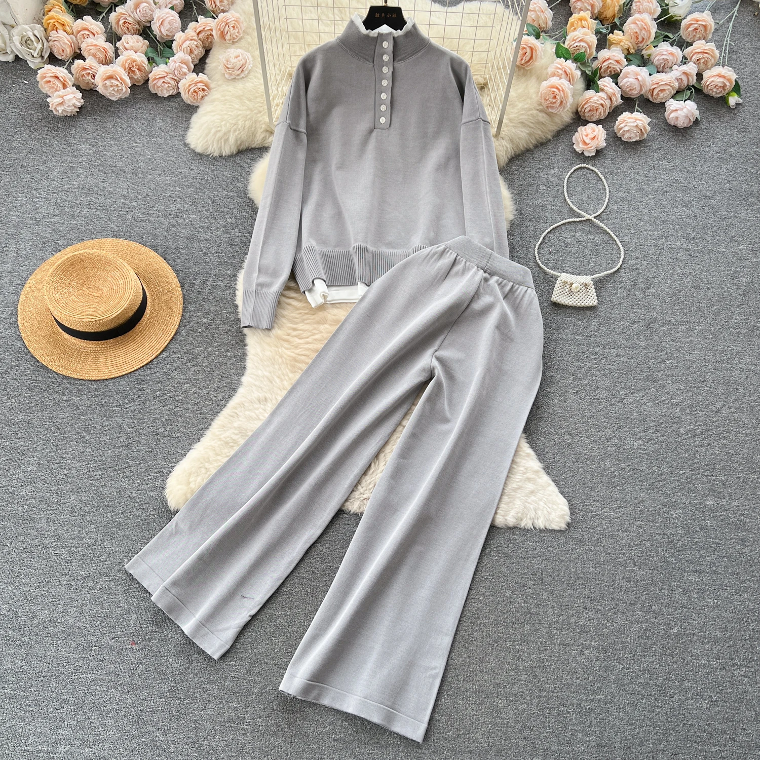 Women Two-Piece Sets Basics Patchwork Long Sleeve Button Top and High Waist Loose Wide Leg Pants Korean Fashion Casual Clothing