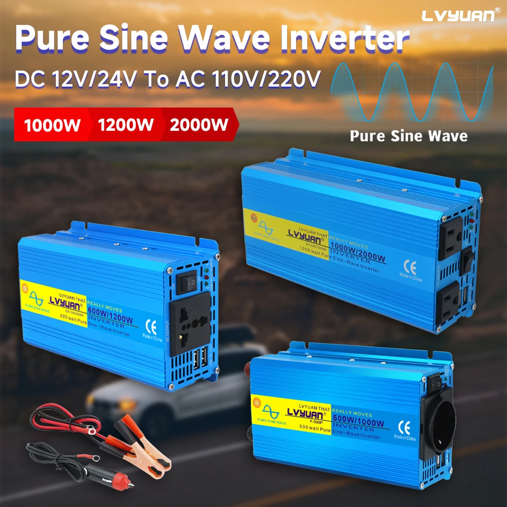 

Inverter 1000W 1200W 2000W Pure Sine Wave 12V 24V DC to 110V 220V AC 60Hz voltage Converter Protable Dual USB UN/EU/US Socket