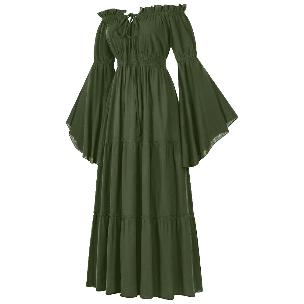 

Off Shoulder Ruffled Long Sleeve Renaissance Floor Length Dress