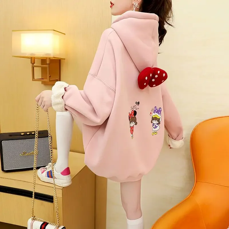 Fashion Plush Thicken Hoodies Womens Trend Korean Style Loose Casual Cute Hooded Jackets Large Size Coats Autumn Winter 2024 New