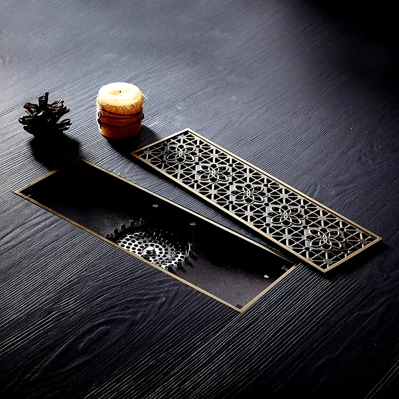 Brass Deep Water Seal Floor Drain 30x10cm Anti-Odor Anti-Insect Shower Drain Antique Bronze big size Trap