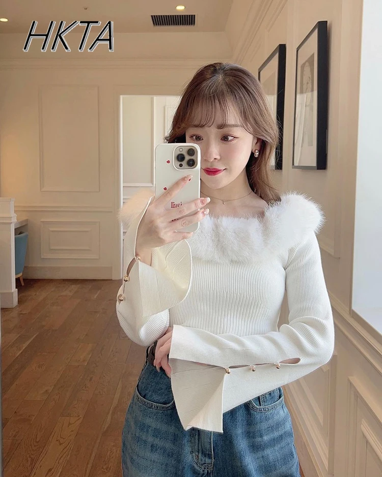 Japanese Spring New Sexy Off-shoulder Beads Horn Long-sleeve Knitted Sweater Women's Elastic Sweater Cover Removable Fur Collar