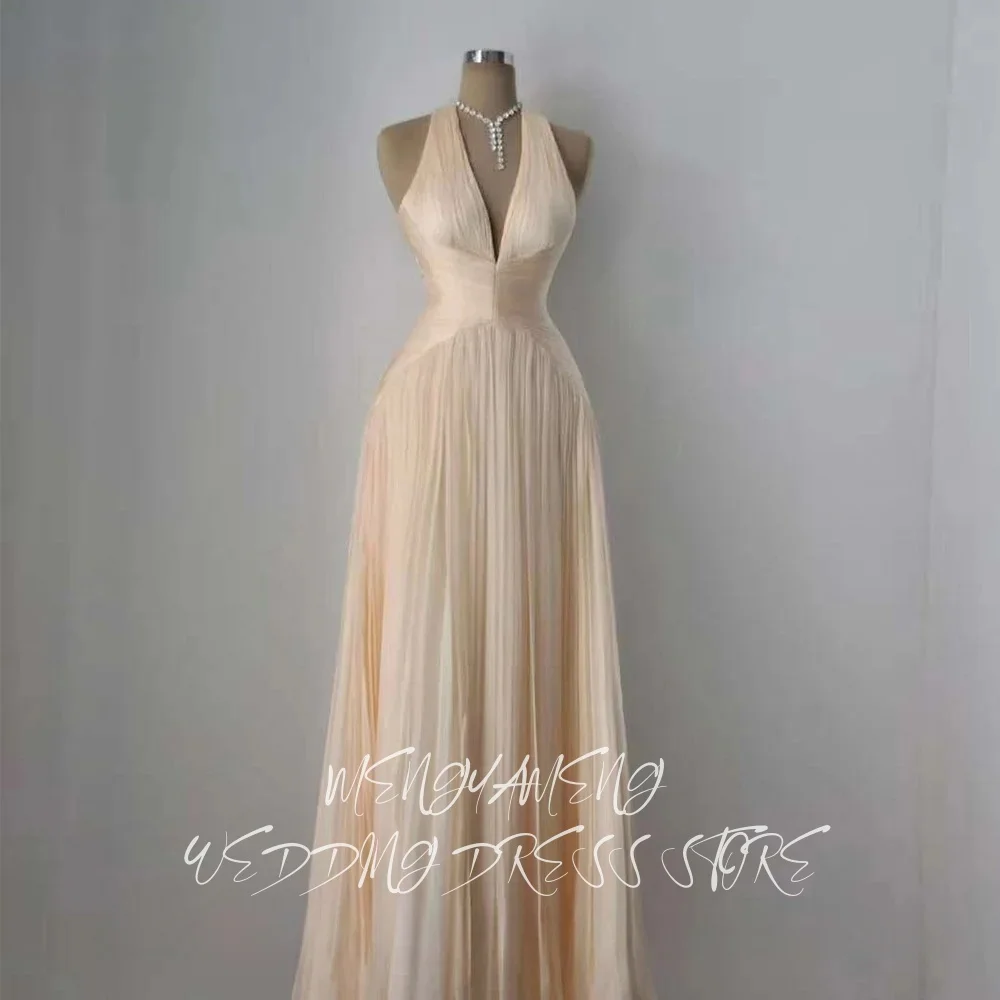 ZHUISHU Simple Champagne Chiffon Evening Dress Customized Halter Sleeveless Women Party Dress Formal Celebrity Gowns Quinceanera