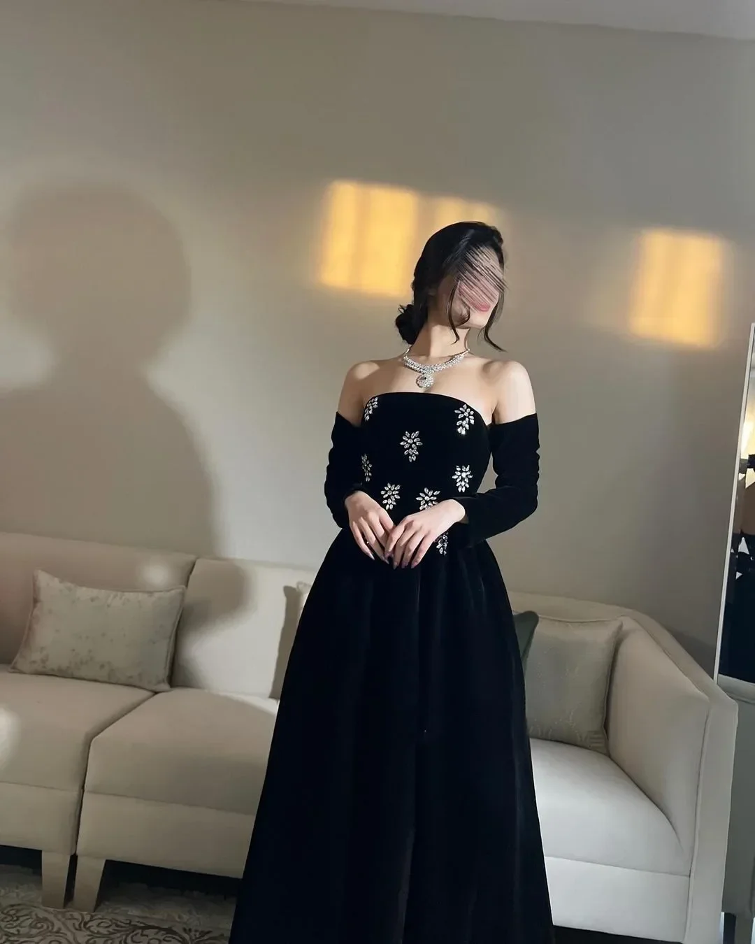 

Customized Elegant Strapless Beaded Party Dresses Woman Long Sleeve Floor Length Eevning Dresses Dresses Gala for Special Ocn