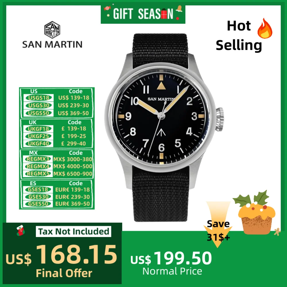 San martin 38.5mm relógio de pulso safira simples piloto campo militar automático relógio masculino nh35 luminoso reloj 10bar SN0105NB-1