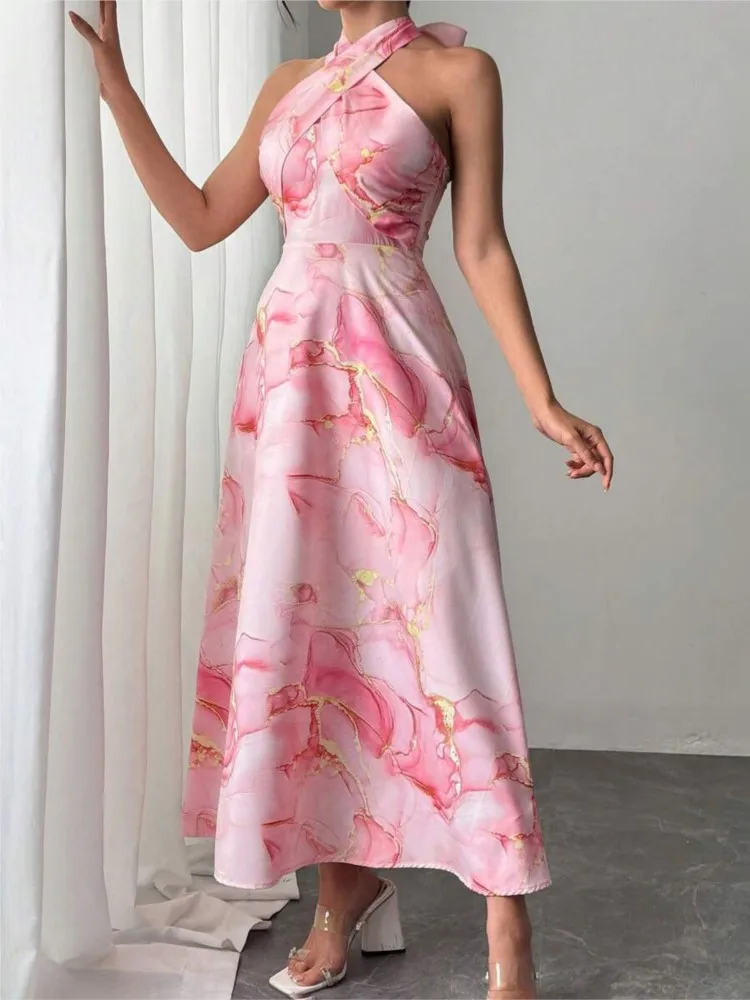 

Halter Neck Dress Backless Vestidos Slim Dresses 2025 Woman Printing Vestido Femininos Leace-up Sleeveless Temperament Sweet