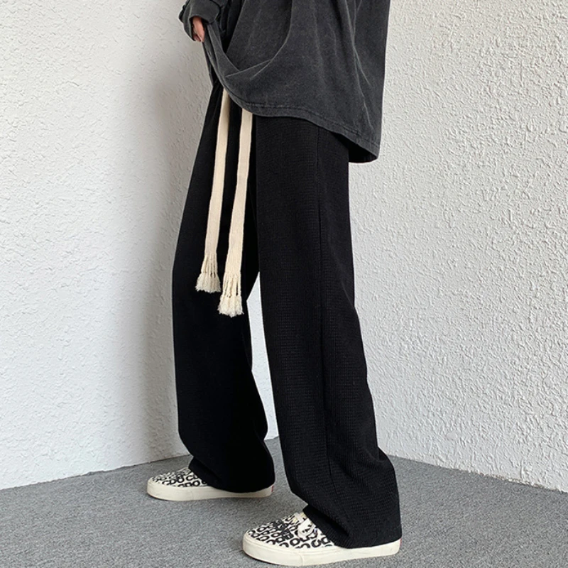 Hot Sales Baggy Pants Men Harajuku Spring Chic Black Pure All-match Cozy Drawstring Design Hip Hop College Trousers Korean Style