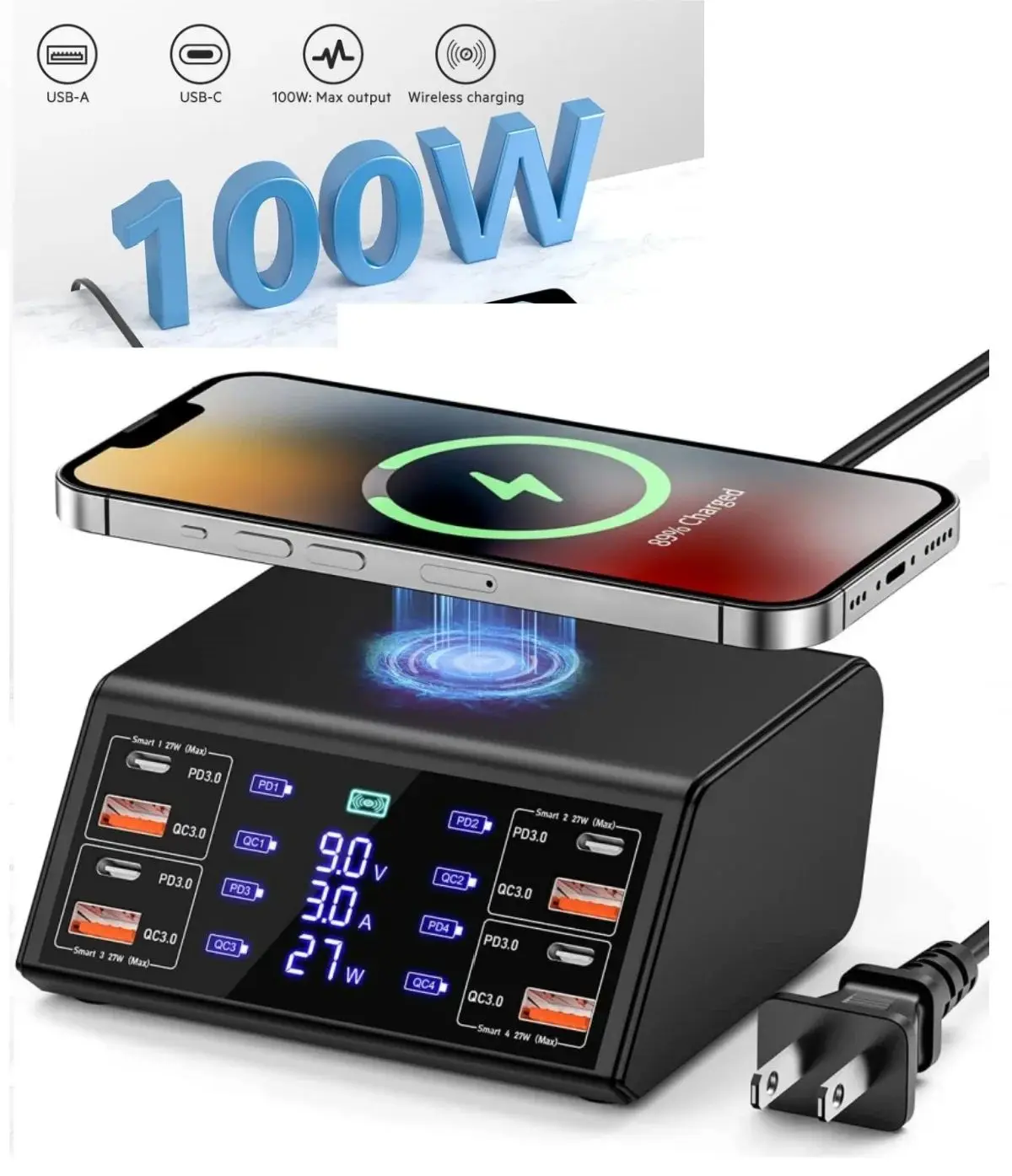 

New 100W 8-Port USB Charger Station With Wireless Charging Digital Display Screen QC3.0 Quick Charge