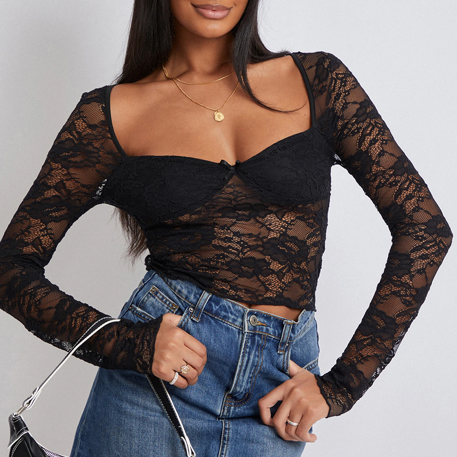 Women Crop Floral Lace Tops Long Sleeve Shirt Casual Pullovers for Club Streetwear Aesthetic Grunge Clothes