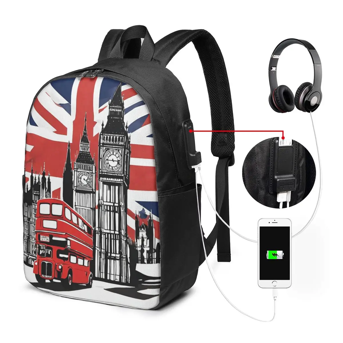 London Iconic Red Bus And Big Ben Print Backpack Travel Notebook Bag Computer College Student School Bag Laptop Shoulder Bags