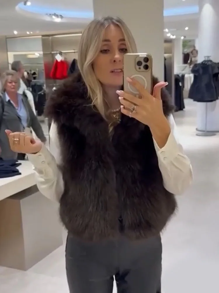 HH femmes mode Chic rue col haut solide ample chaud mince gilet court femmes fausse fourrure effet gilet sans manches haut décontracté