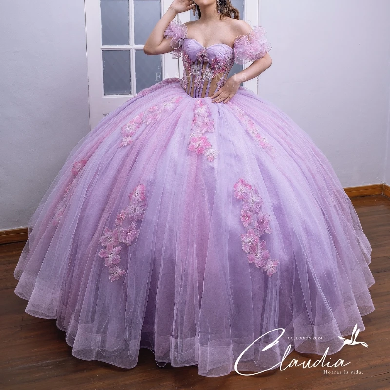 

Lilac Princess Quinceanera Dresses Off The Shoulder 3D Floral Applique Beaded Tull Corset Sweet 16 Dress Vestidos De 15 Anos