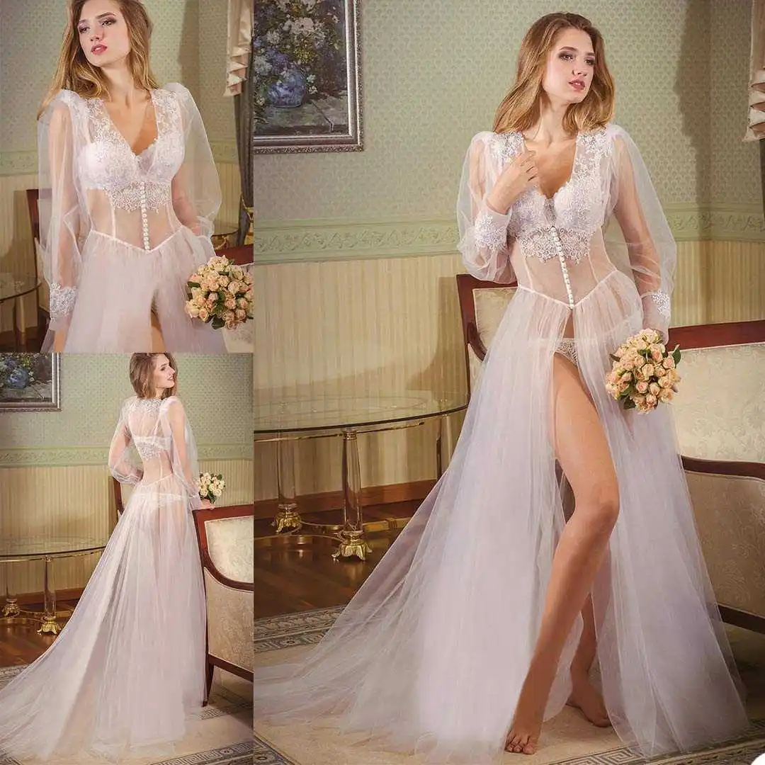 

Elegant Women Nightgown Pajamas Appliques V-Neck Long Sleeve Bridal Wedding Bathrobe for Photography Custom Made