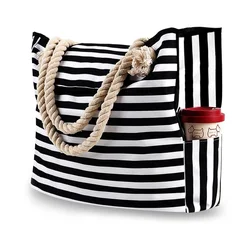 Casual Striped Canvas Bag For Women Large Capacity Shoulder Bag Daily Shopping Totes Student Bookbag for School Travel Beach Bag