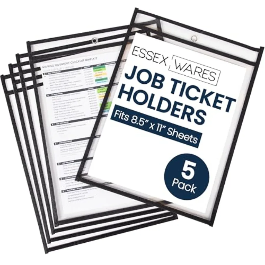 

5 Pack,,Job Ticket Holders, 10" Wide x 13.5" Tall - Clear Plastic Shop Ticket Holders - Easy to Use, Reusable and Easy Erase Pl