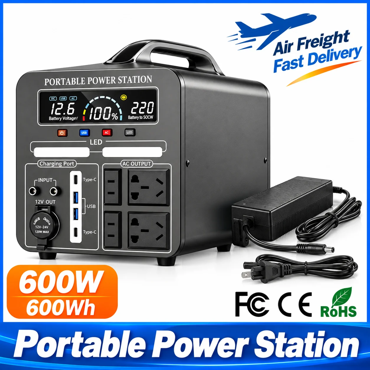 600W portable power station 220V backup energy storage power supply AC output for RV solar energy storage home backup battery