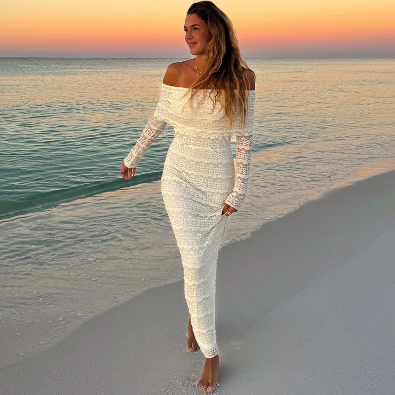 

Elegant Lace One Shoulder Dress Women's Fashionable Style Autumn New Arrival High Waist Long Sleeve Slim Fit Gown