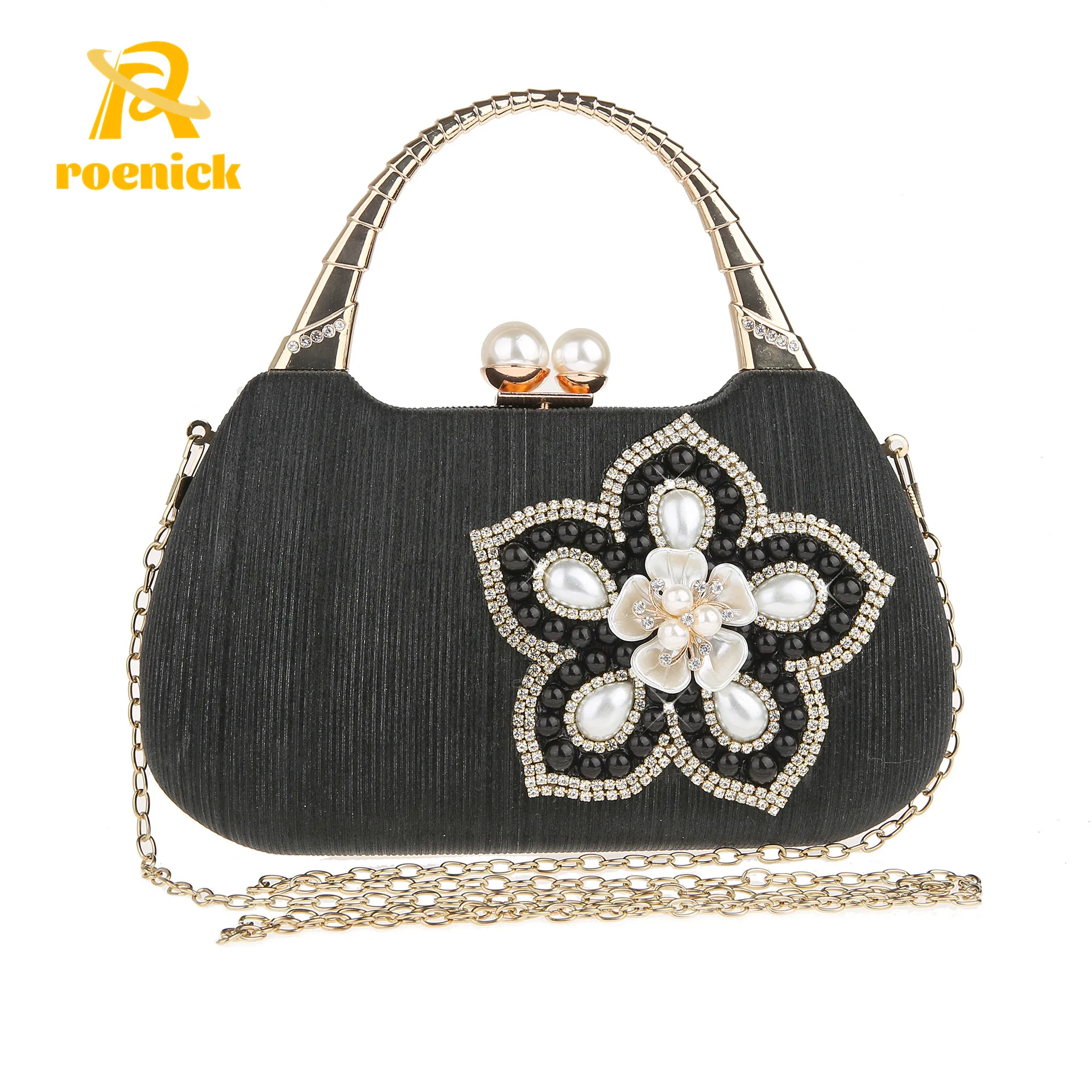 

ROENICK Women's Pearl Rhinestone Evening Handbags with Handle Banquet Mini Clutch Dress Flower Chain Shoulder Beaded Tote Bags
