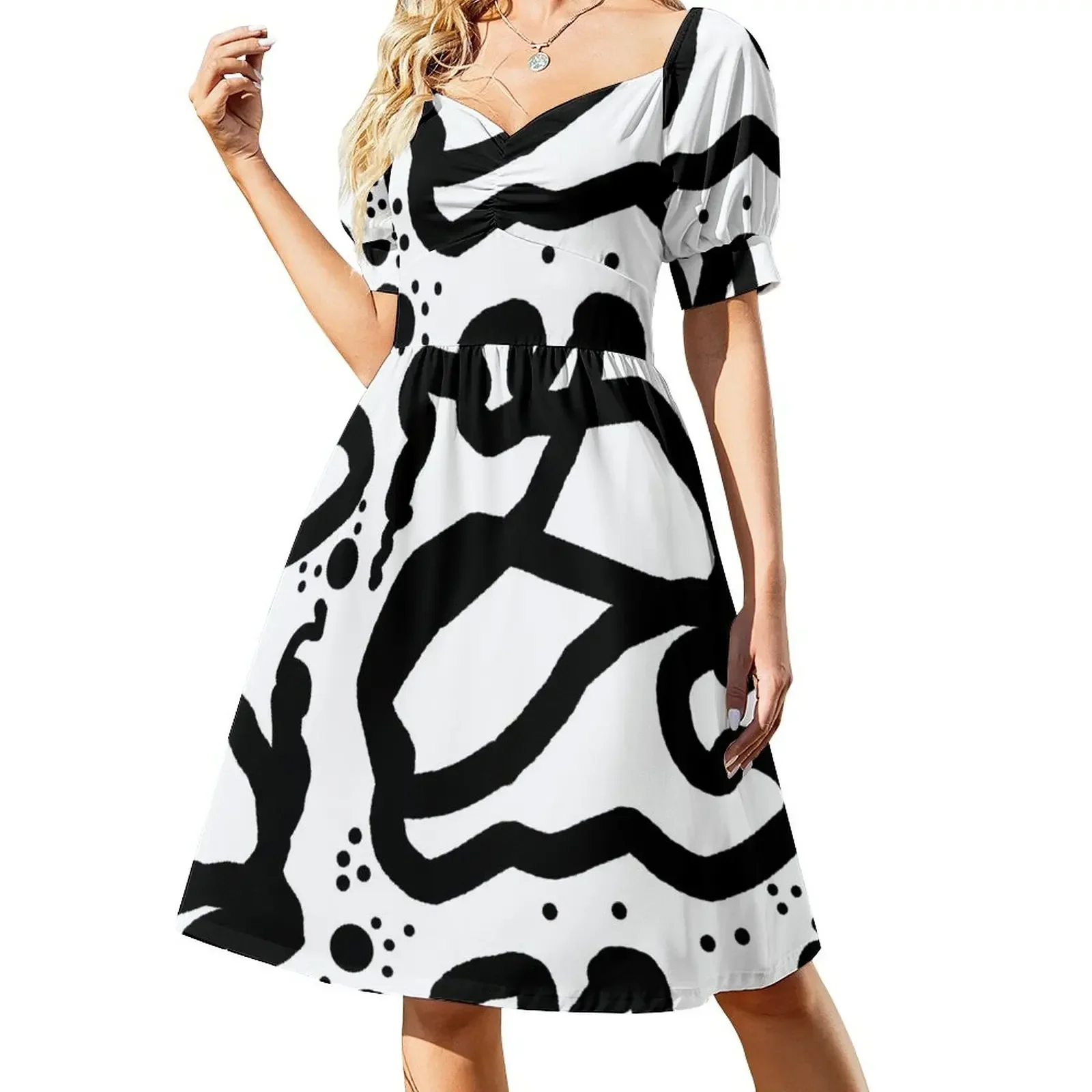 

Black and White Abstract Line Art Short-Sleeved Dress dress for women 2025 birthday dress for women luxury 2025