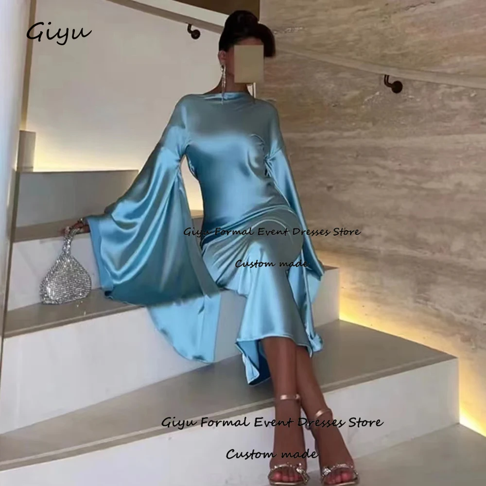 

Giyu Charming Bule O-Neck Meimaid Stain Evening Dress Sexy Ankle Length Wide Sleeves Open Back Party Prom Gowns Vestido