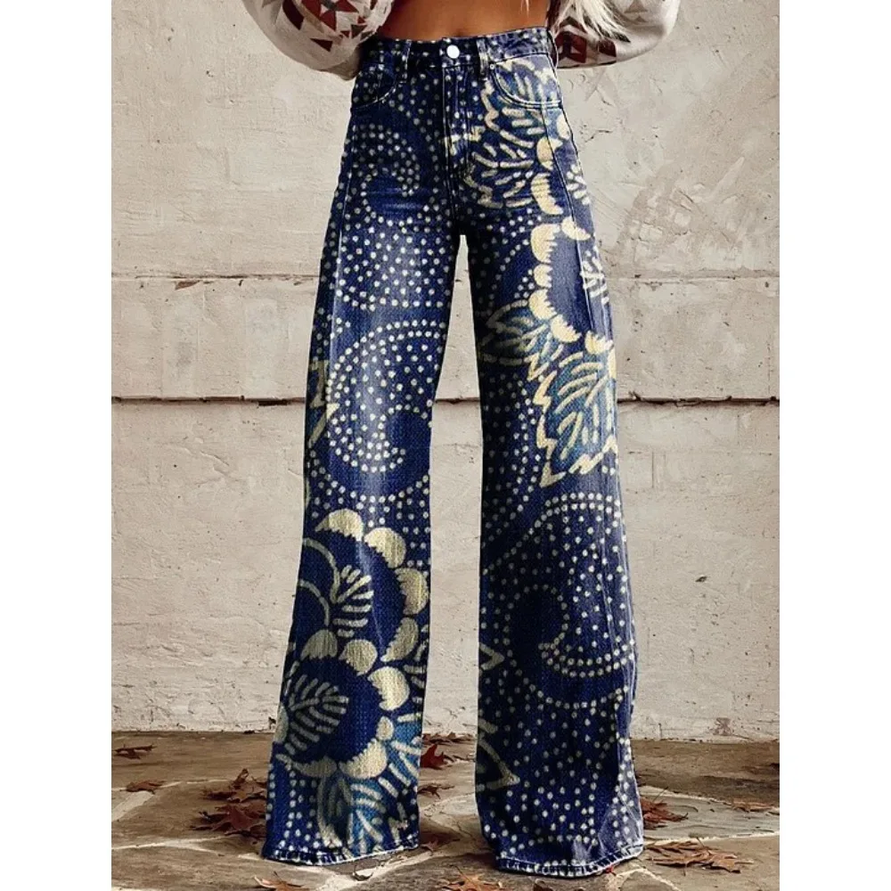 Damenhose mit Folk-Art-Print, hoher Taille und weitem Bein, Boho-Freizeithose, farbenfrohe, bequeme, locker sitzende Hose für den Alltag – Detail 15