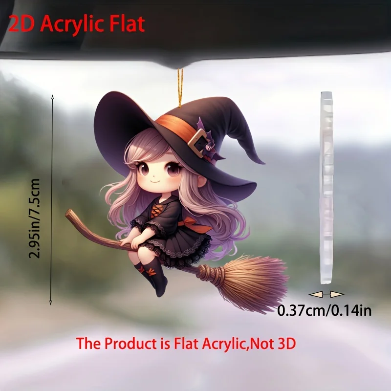 Cute Witch On The Broomstick Acrylic Decorative Pendant Car Accessories, 2D Flat Pendant Decoration Halloween Christmas Pendants