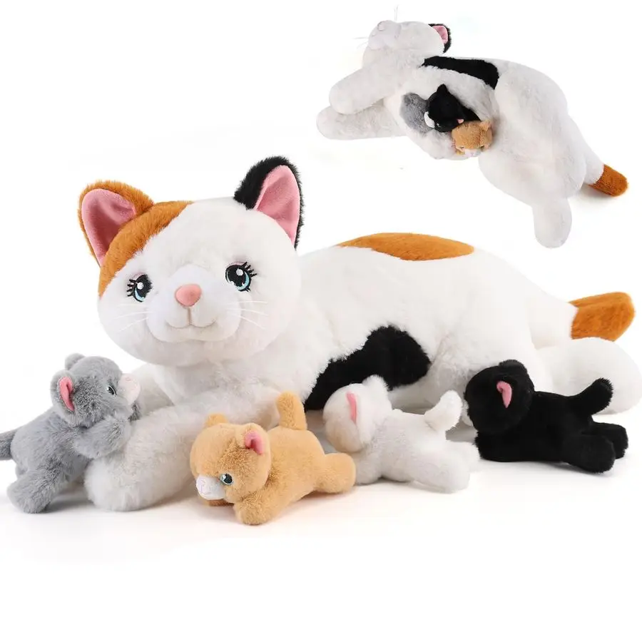 

5 Pieces Cat Stuffed Animals with Babies Inside Belly 1 Mommy Stuffed Cat with 4 Kittens Stuffed Kitty Plush Toys for Kids Age 3