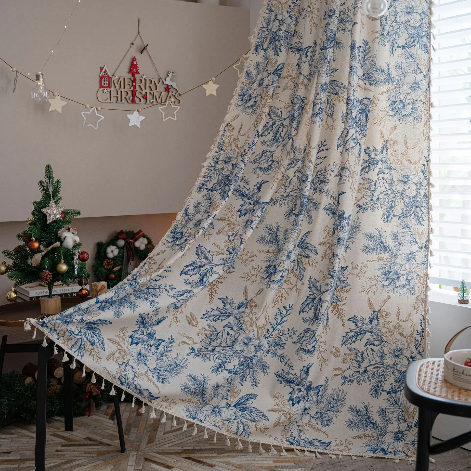 

America Christmas Pine Branches Cotton Linen Window Curtain with Tassels Blackout Drapes for The Luxury Living Room Curtains