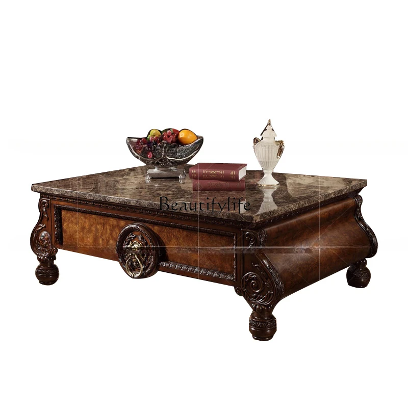 

European marble coffee table carving, solid wood, curved retro old tea table American style