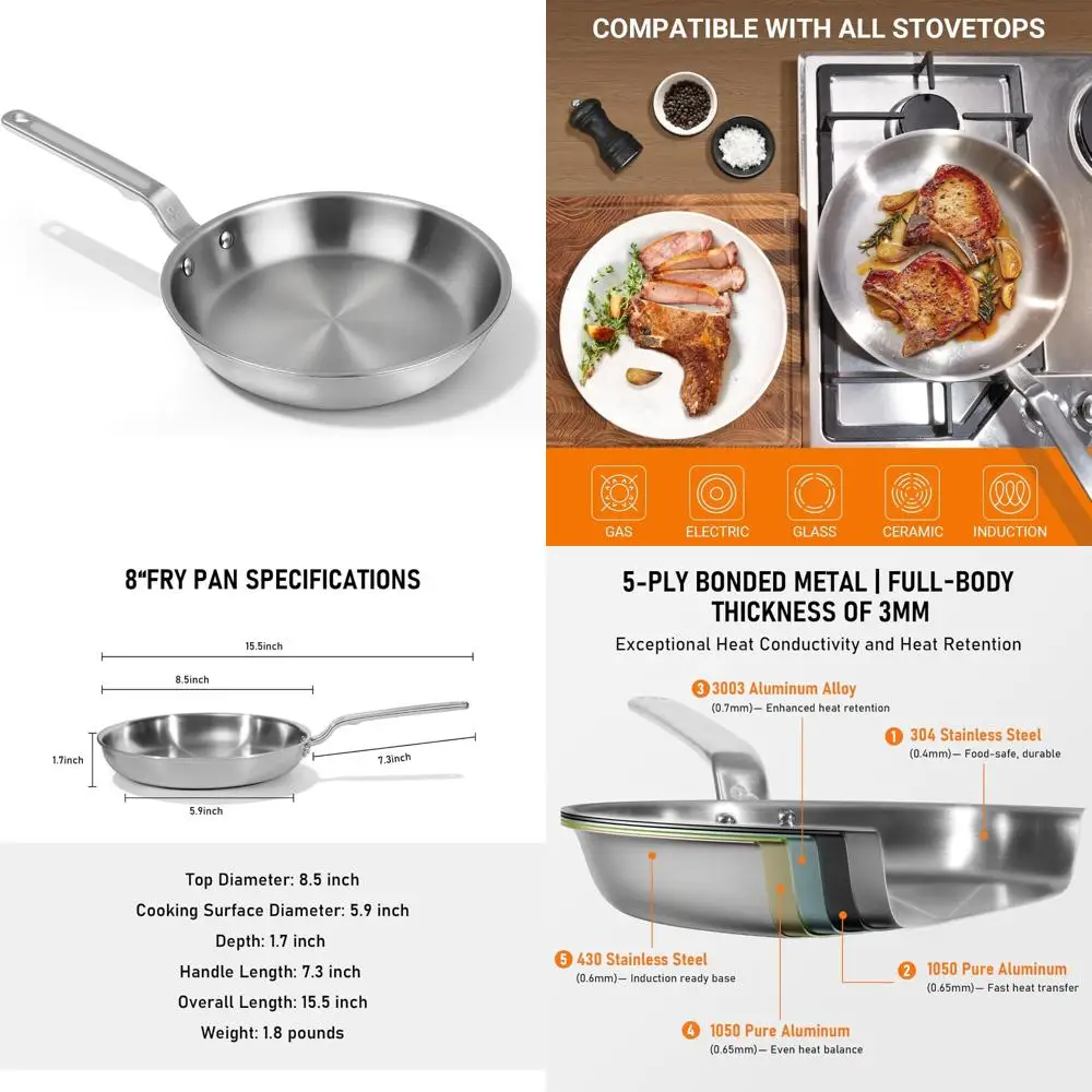 

Stainless Steel 8 Inch Mini Frying Pan - 5 Ply Clad Skillet with Aluminum Core for Even Heat Distribution and Professional Cooki