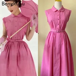 Retro Rose Polka Dot Vintage Elegant Dress 2025 Women Summer Clothes Peter Pan Collar Single Breasted Belted Swing Dress Luxury