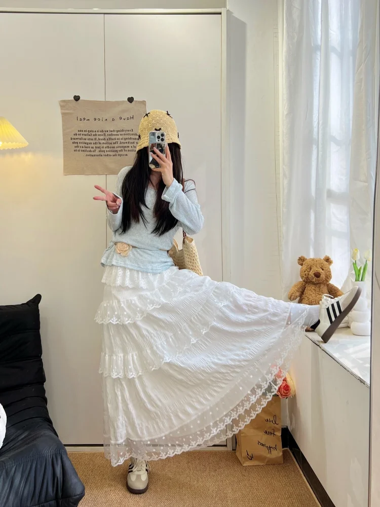 

White Lace Trim Cake Skirt High Waist Women's Autumn Winter New Sle Slimming Full Skirt A-Line Long Skirt Faionable Sweet...
